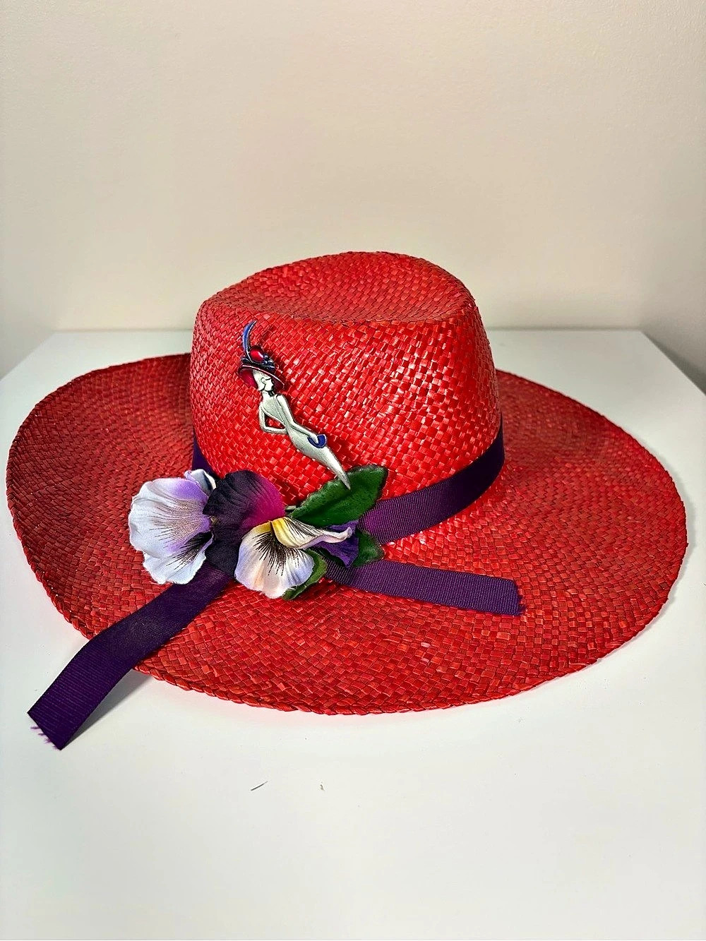 Red & Purple Floral Wide Brim Hat Like New